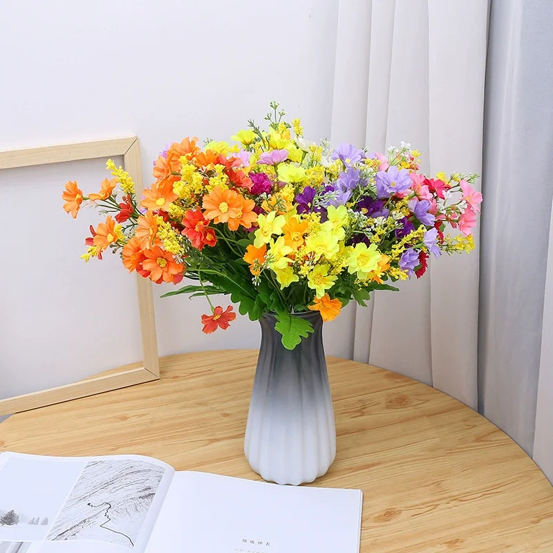 Artificial Colorful Daisy 7 Big Heads and 4 Buds Silk Dancing Lady Orchid Flowers Cheap Bouquet Fake Flowers Home Wedding Decor