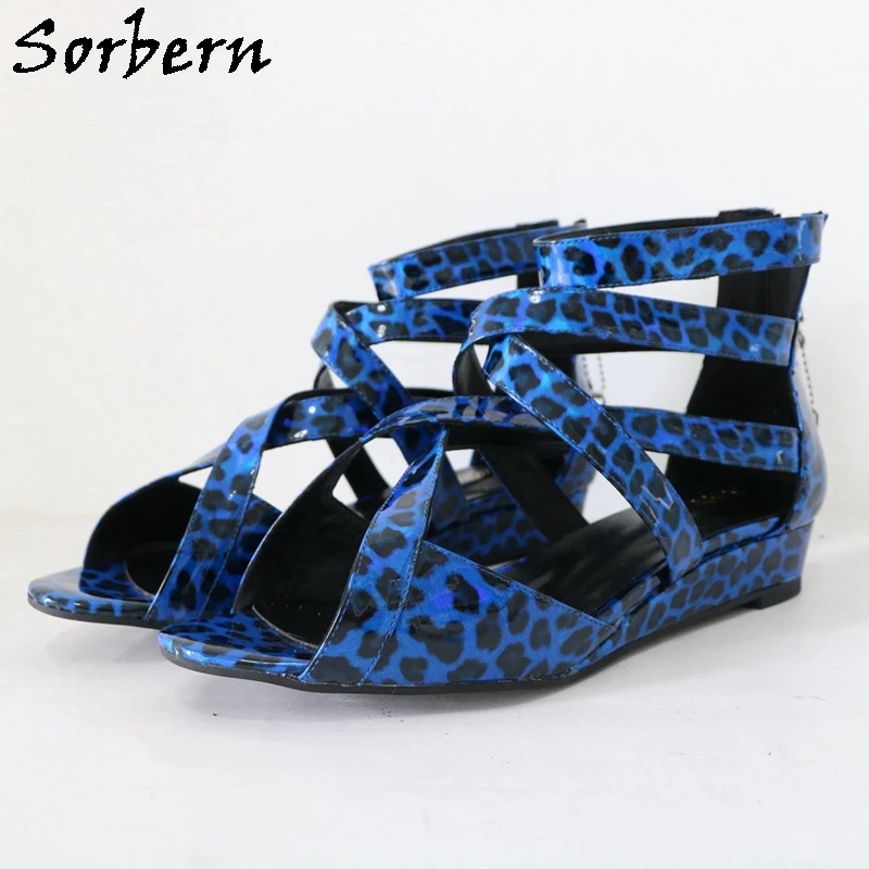 

Sorbern Holo Leopard Unisex Sandals Low Heeled Lockable Zipper Back Confortable 3Cm Wedge Heel Sandals Size EU43 Multi Straps