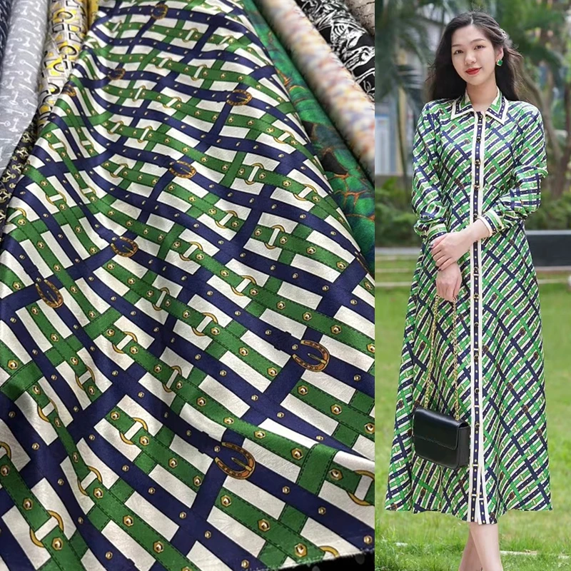 Classic Fashion Blue Green Chain High End Heavy Weight Silk Mulberry Silk Fabric High Quality Herringbone Pattern Dress Fabrics