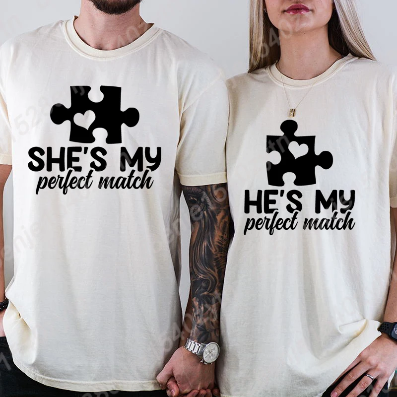 Matching T-shirts For Couples For Him And Her He's My Perfect & She's My Perfect Match T-Shirt Summer Short Sleeve Tees