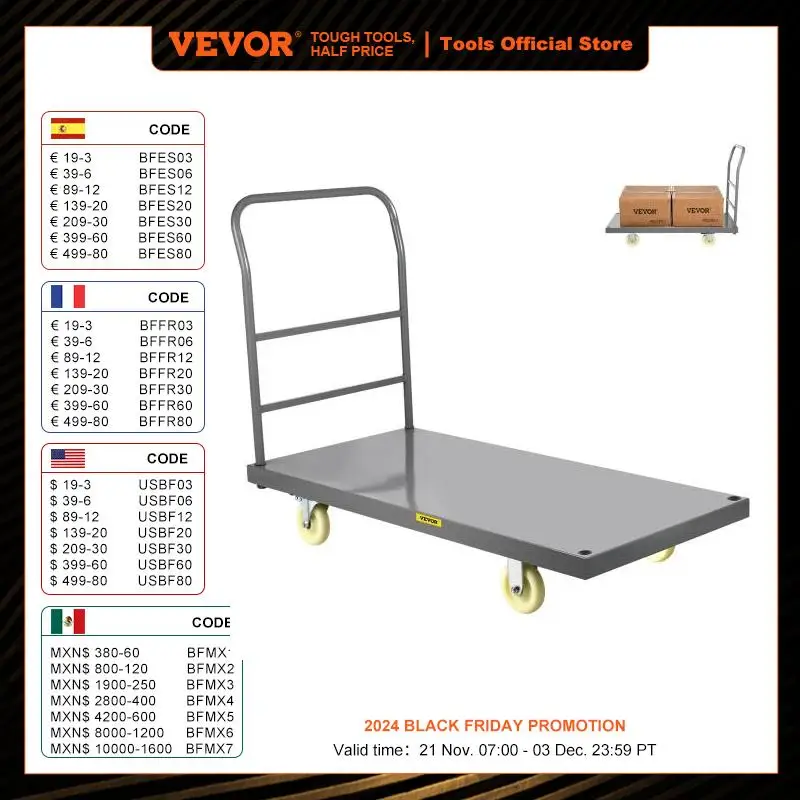 VEVOR Platform Truck 2000lbs Capacity Steel flatbed Tool Cart 47