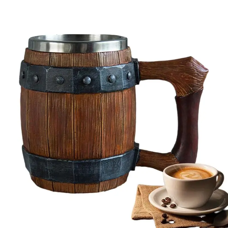 Original Viking Drinking Mug Simulation Wooden Barrel Beer Cup Double Stainless Steel Mug Gift Home Cup Wood Color