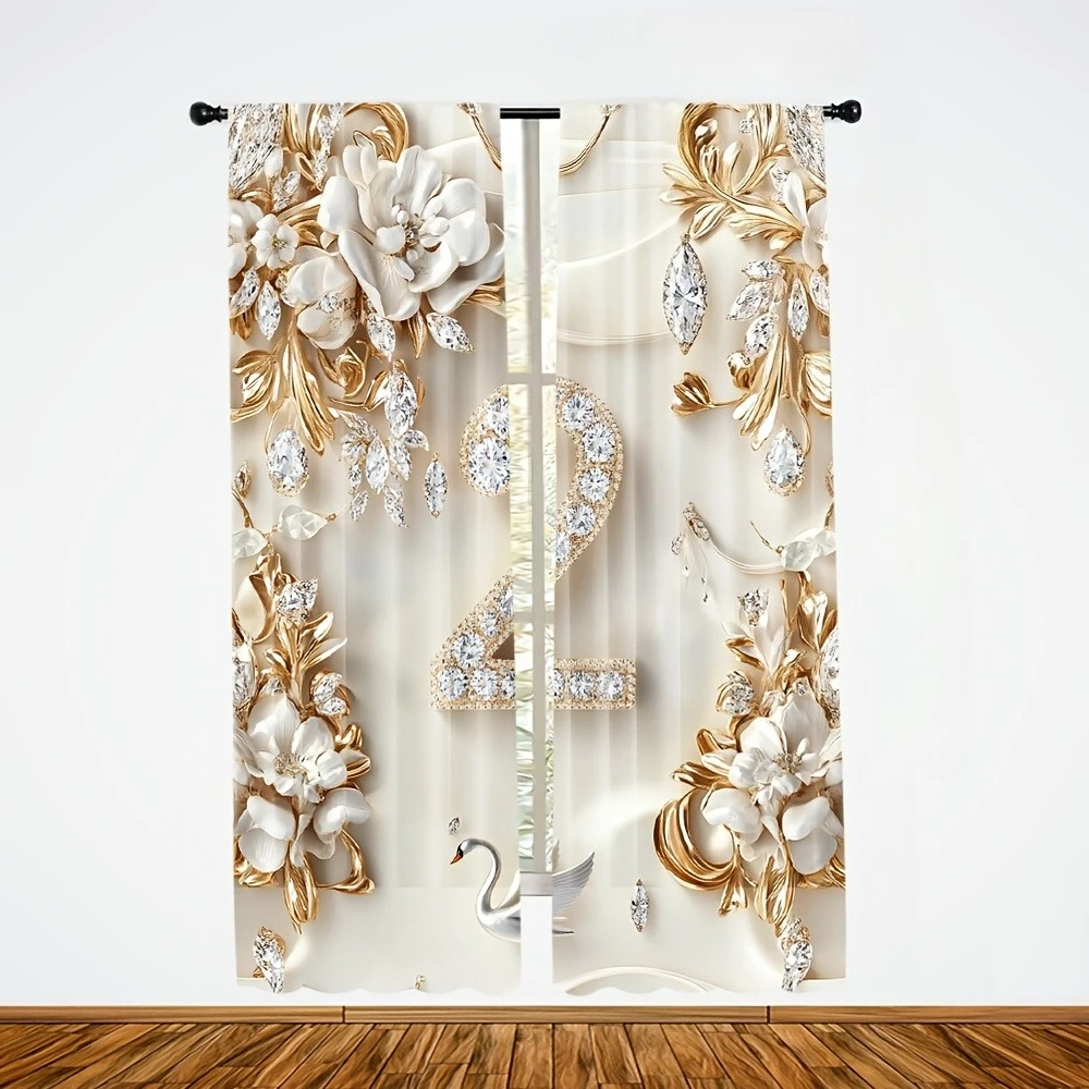 Luxurious Gold and White Floral Swan Curtains – Elegant Design for Bedroom Living Room Kitchen Study and Game Room Decor