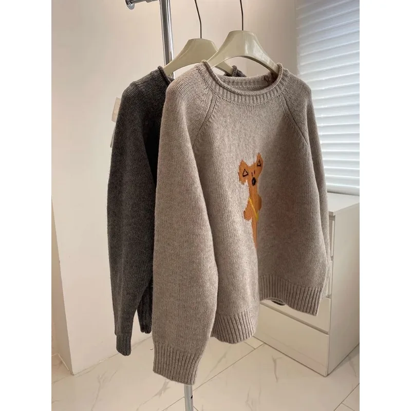겨울철 여성용 한국 만화 곰 자카드 스웨터, 루즈핏 슬림 라운드넥 풀오버 니트 상의