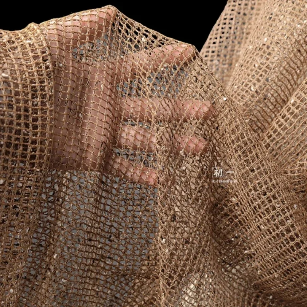Caramel Brown Square Grid Fabric Knitted Net Cardigan Dress Diy Fashion Designer Fashion Cloth Fabrics By The Meter Material