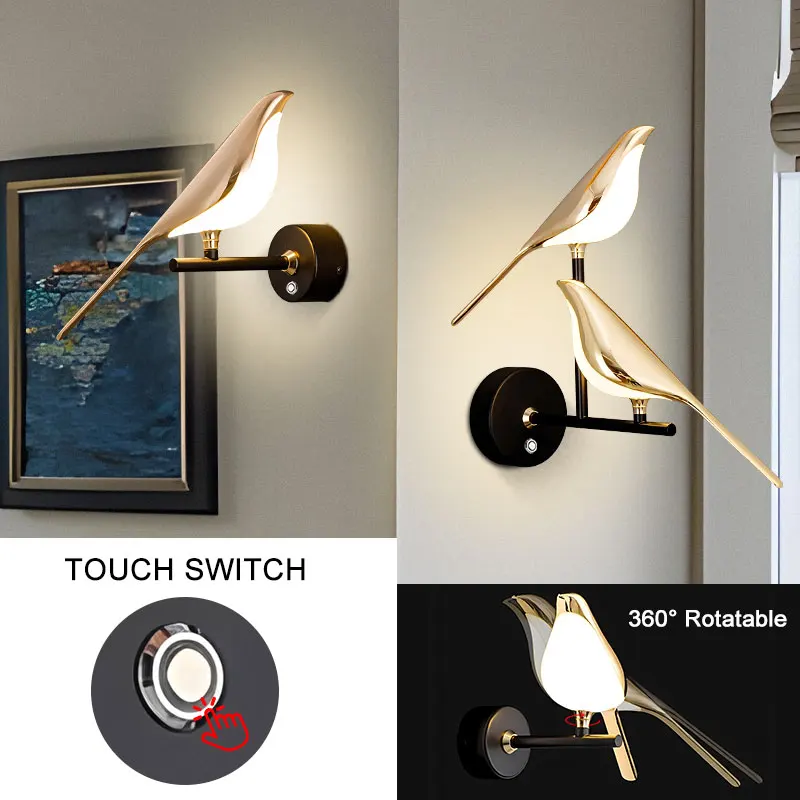 

Indoor Magpie Bird Touch Switch LED Wall Lights for Bedside Bedroom Nordic 360° Rotatable LED Wlal Lamps Wall Sconce Lighting