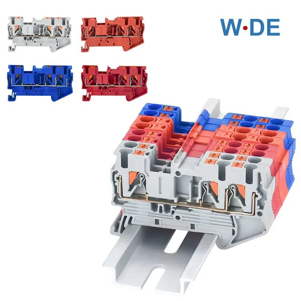 

50Pcs PT 2.5-TWIN Din Rail Terminal Block Mount 3 Conductors Push In Spring Screwless Feed Through Wire Conductor Wire Connector