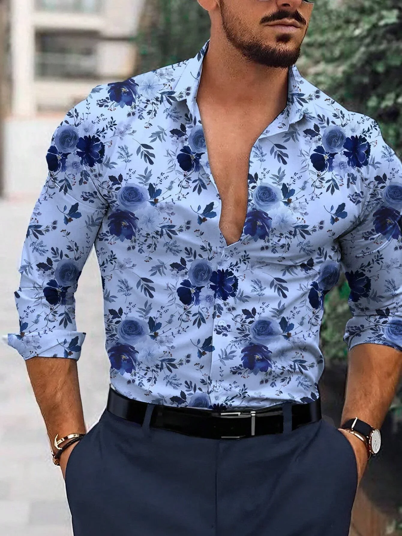 Men's simple and fashionable plant flowers 3D printed long-sleeved lapel shirt Hawaiian beach casual style shirt business simple