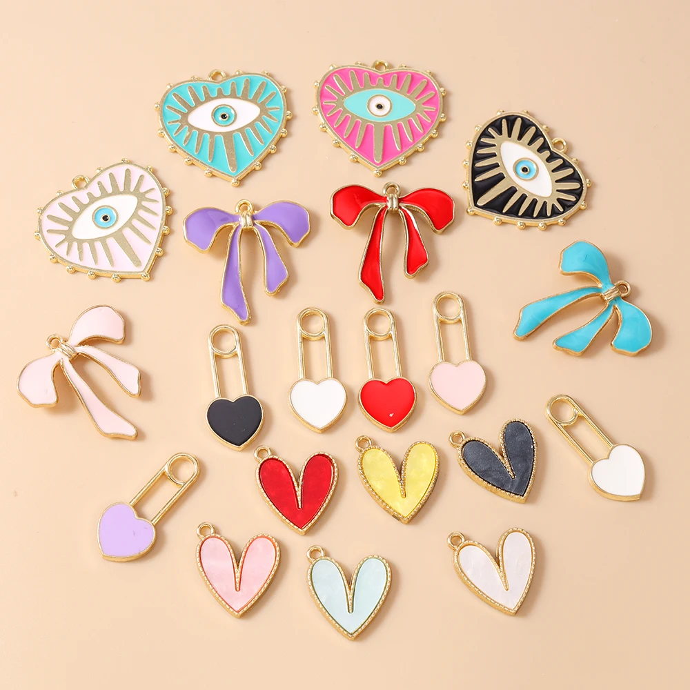 Leslie 10 Stück/Set Emaille Niedliche Bunte Schleifen-Herz-Anhänger für Ohrringe Liebesherz-Charms Anhänger DIY Schmuckherstellung – Detail 3