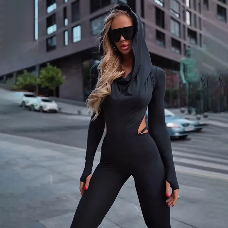 DSMTRC vrouw sexy fitness effen capuchon backless jumpsuits middernacht tailleloze stretch skinny activiteit workout streetwear overalls