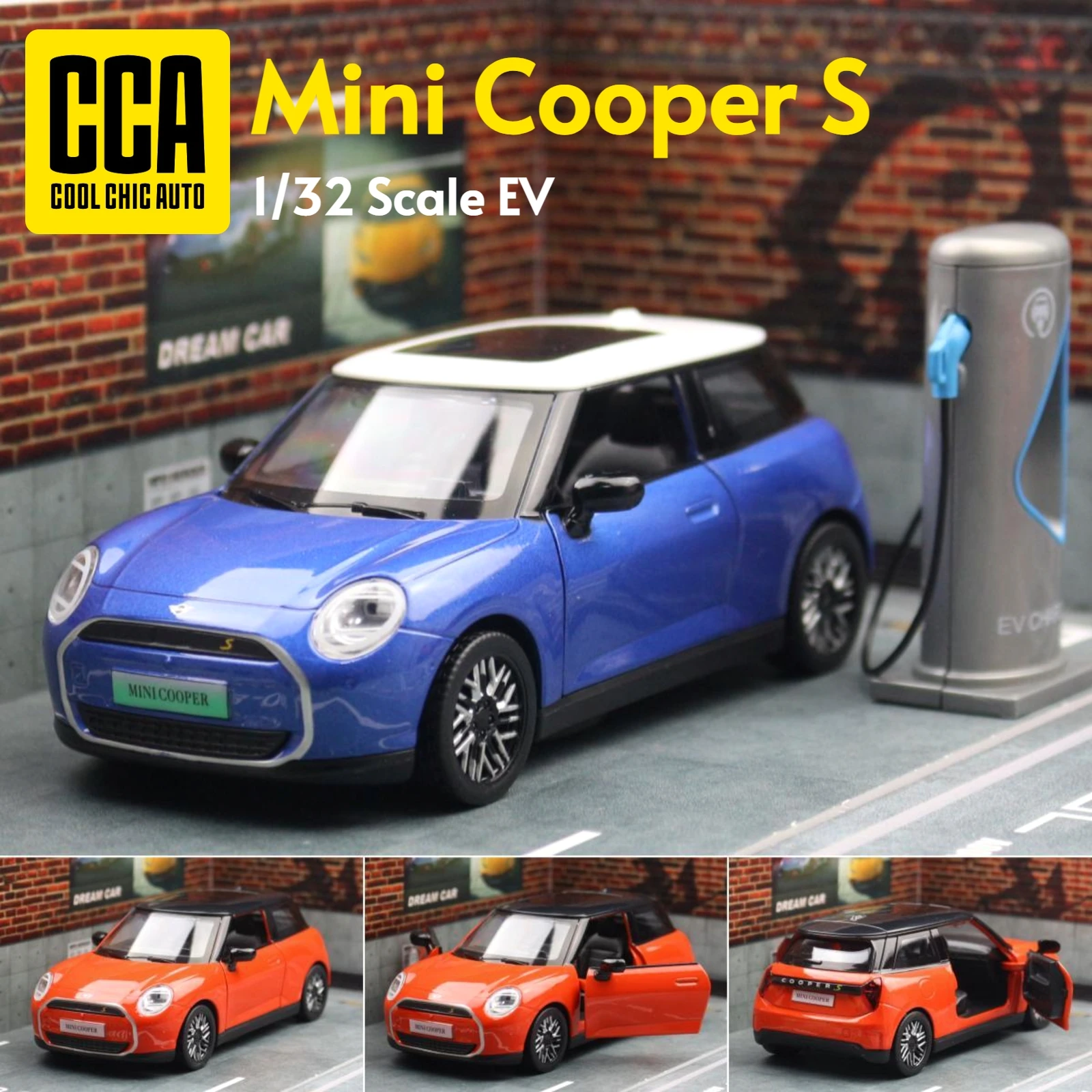 1/32 Mini Cooper S EV Toy Car Model MSZ Diecast Metal Miniature Pull Back Sound and Light Collection Gift for Boy Kid Children