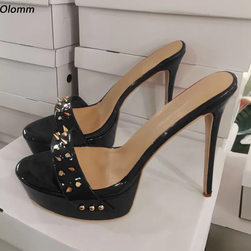 

Olomm/женские сандалии-мюли ручной работы на платформе, красивые черные, красные туфли для вечеринок на тонком каблуке с круглым носком, женские размеры США, большие размеры 5-20