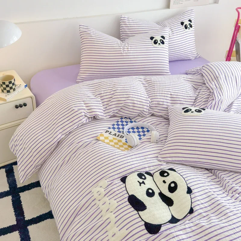 

Striped Bedding Set Full Size Cartoon Duvet Cover for Kids Purple Bed Sheet Set Single Size Panda Towel Embroidery Bedding Sets