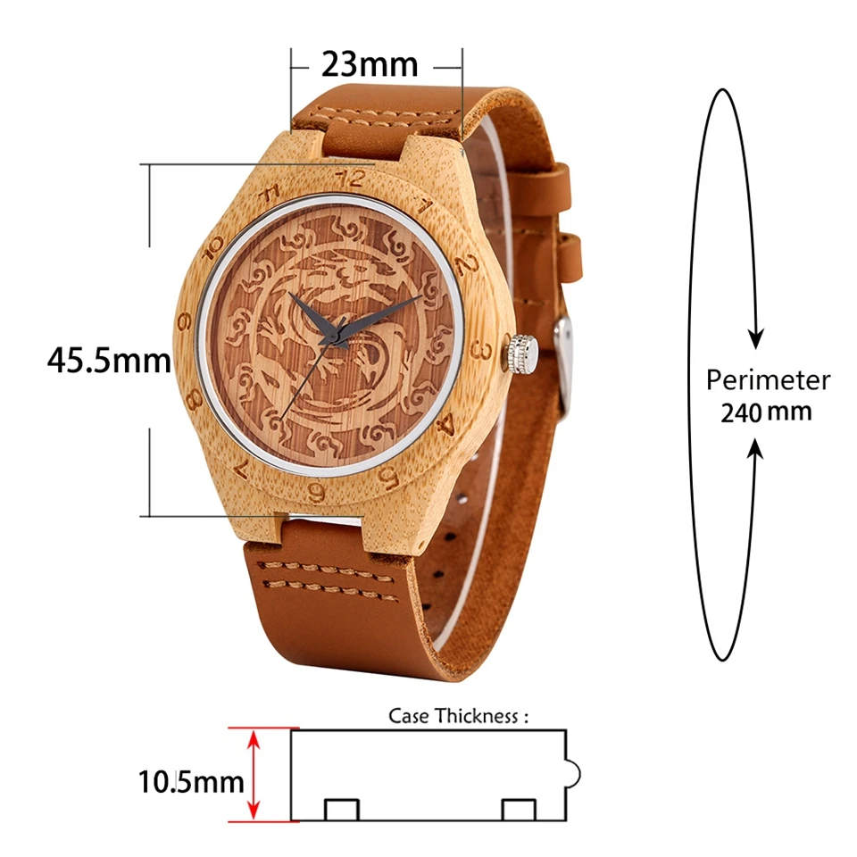 Engraved Hands Craft Chinese Dragon Dial Wooden Watch Mens Watches Carving Natural Bamboo Wood Quartz Leather Watch Reloj Hombre