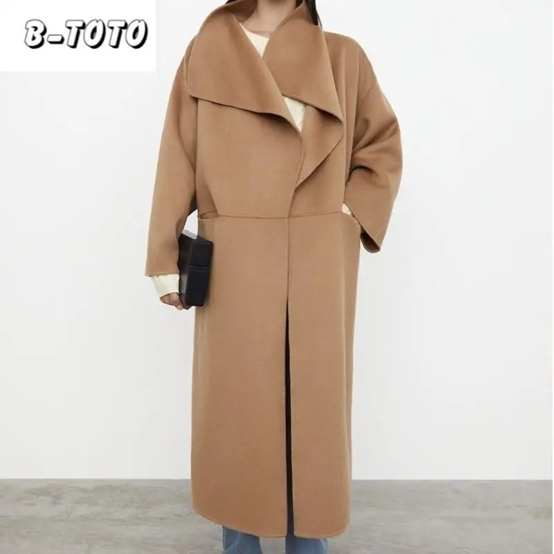 B-TOTO Coat Coat Nordic Autumn and Winter Minimalist Style Long Loose Double-sided Tweed Wool Lapel Women's 2024