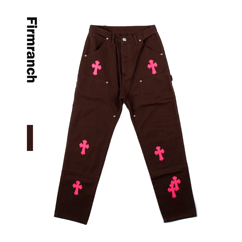 Firmranch New Leather Pink Cross Jeans For Men/Women 2021 High Street Jeans Brown Straight Stacked Jeans Denim Moto