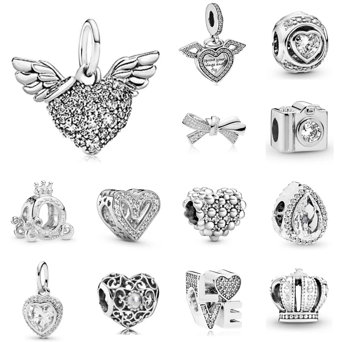 Diamond Heart Pendants Silver Plated Hollow Alloy Animals Charm Beads For Fashion DIY Bracelet Necklace Jewelry Accessories Gift