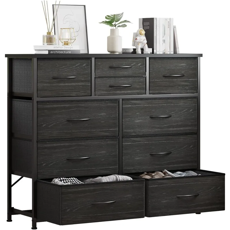 10 Drawer Dresser, Fabric Dresser, Bedroom, Hallway, Nursery, Wardrobe, Steel Frame, Wood Top, Easy To Pull Handle