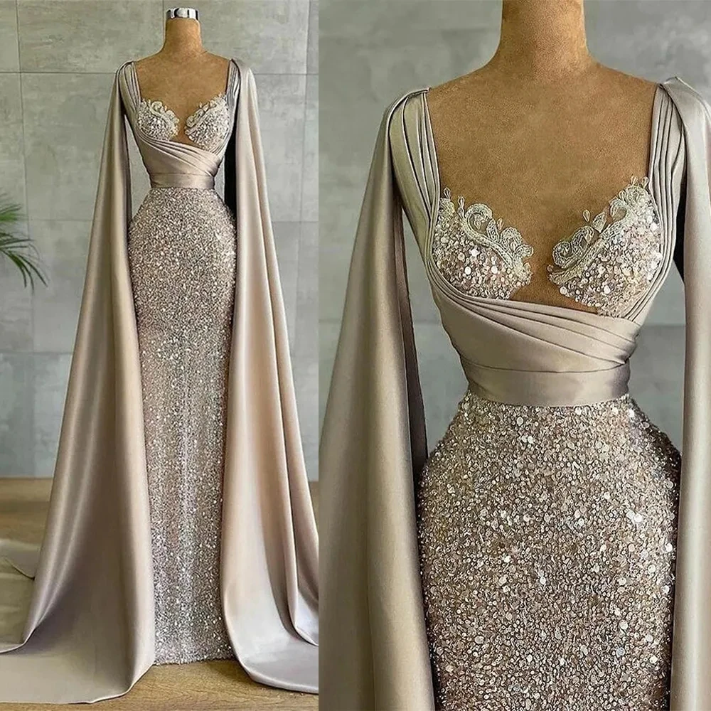 Sparkling Beading Exquisite Square Neck Long Sleeves Evening Dresses Mermaid Customized Prom Dresses Formal Party Gowns Women