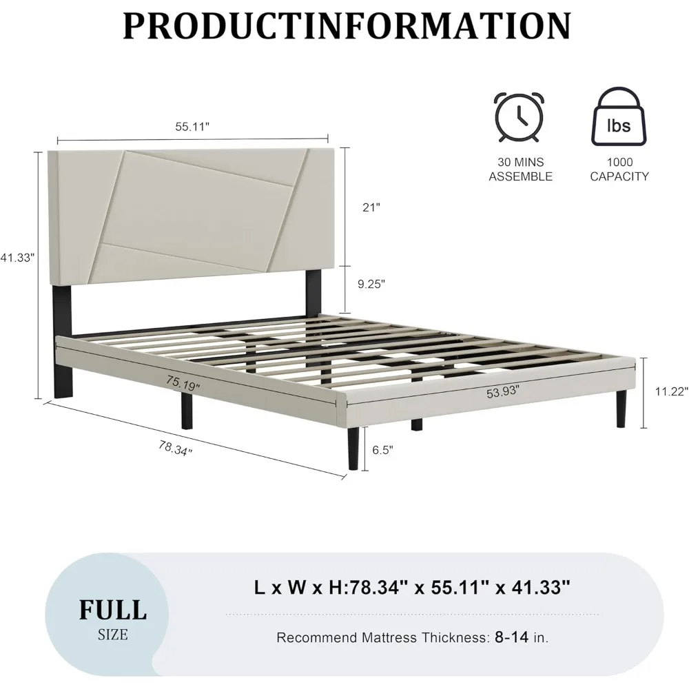 إطار سرير بمنصة رأس مخملية كاملة الحجم بتصميم هندسي، قوي ومجهز بشرائح خشبية لتقليل الضوضاء #2