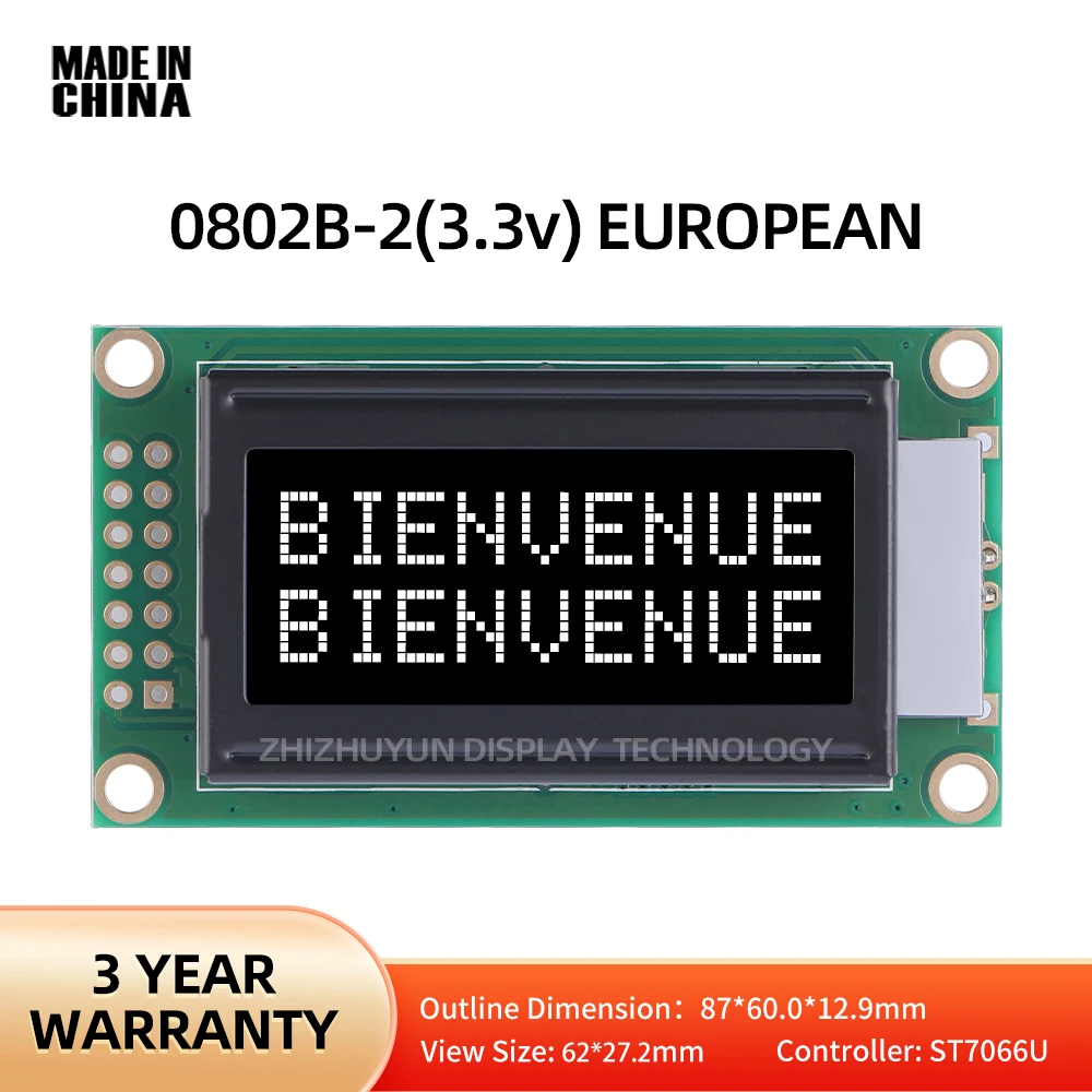 Módulo LCD de caracteres europeos, pantalla LCD de caracteres de película negra BTN, multilenguaje, 14 pines, 3,3 V, 0802B-2