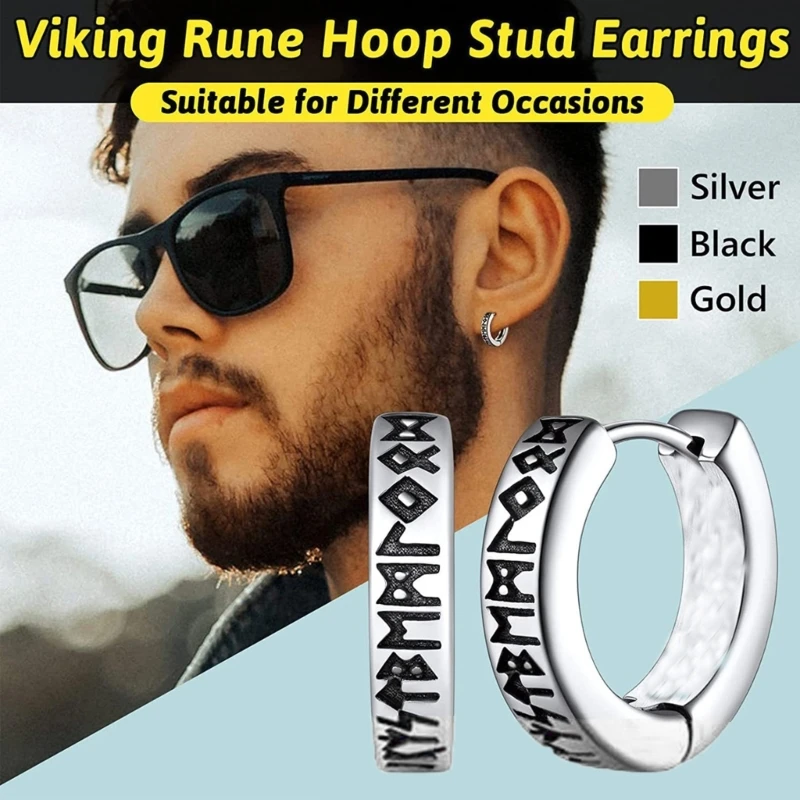 Unique Vike Pattern Earrings Fashionable Steel Ear Hoops with Etching for Fashion Enthusiasts