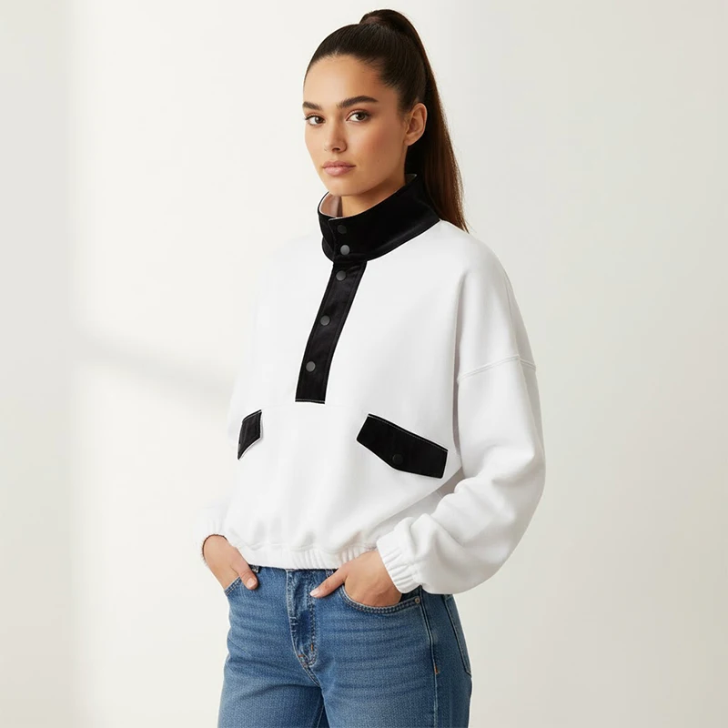 الأوروبية والأمريكية الرجعية المتناقضة الوقوف طوق هوديي للنساء الخريف فضفاضة نمط غير رسمي بأكمام طويلة #5