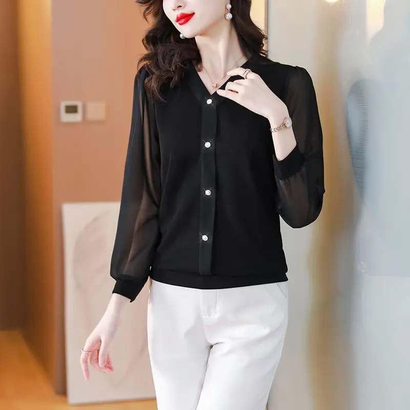 Korean Women Spring Summer Long Sleeve Chiffon Shirt Black V-neck Loose Fashion Casual Versatile Office Lady Elegant Blouse 2023