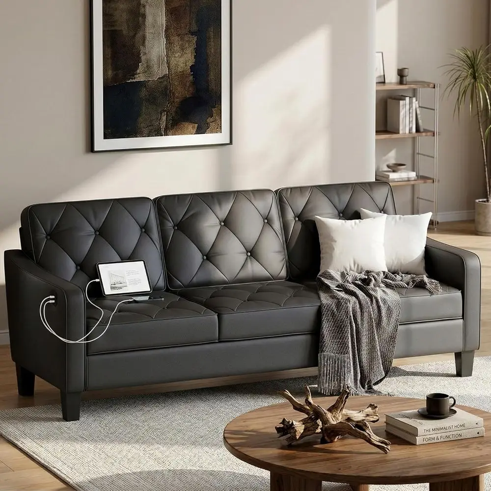 Black Leather 3-Seater Sofa with Tufted Design for Living Rooms, Offices, and Waiting Areas
