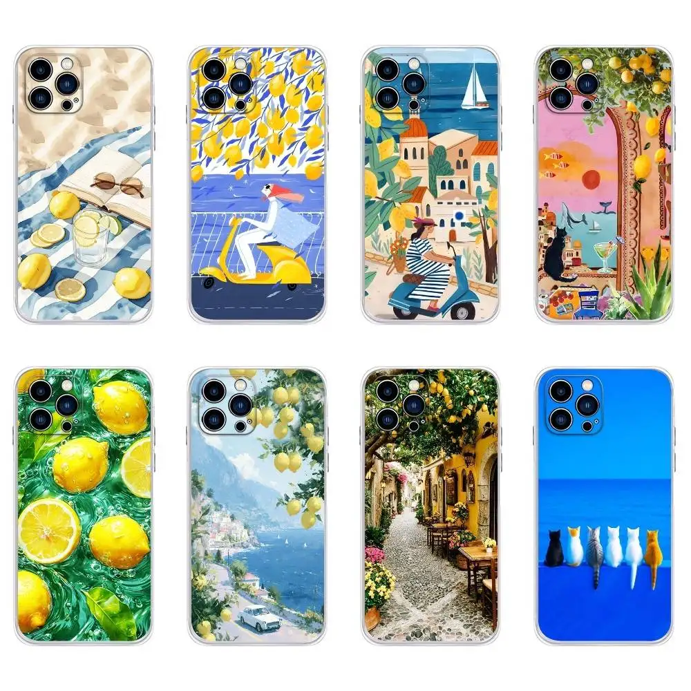 

Seaside Scenery Wine Lemon Phone Case For IPhone17,16,E,15,14,13,12,11 Pro Max XR XS Max Plus Cute INS Cover Case