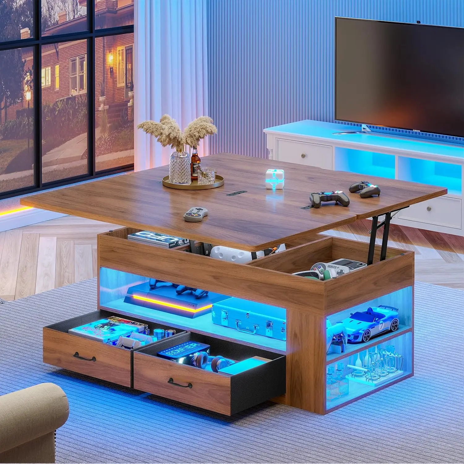 

Lift Top Coffee Table, 4 in 1 Coffee Tables with Storage and Hidden Compartment, Farmhouse Coffee Table with 2 Fabric Draw