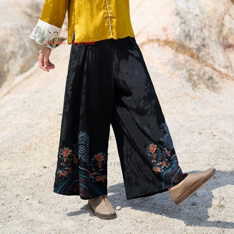2025 السراويل الصينية خمر الرجعية الساتان الجاكار السراويل زهرة التطريز العرقية السراويل الشعبية مرونة الخصر واسعة الساق السراويل #2