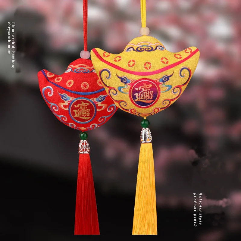 10pcs/Lot 8*9cm Red Yellow Hand-stitched Chinese Yuanbao Money Shaped Pendant Vintage Tassel Lucky Embroidery Sachet Bag