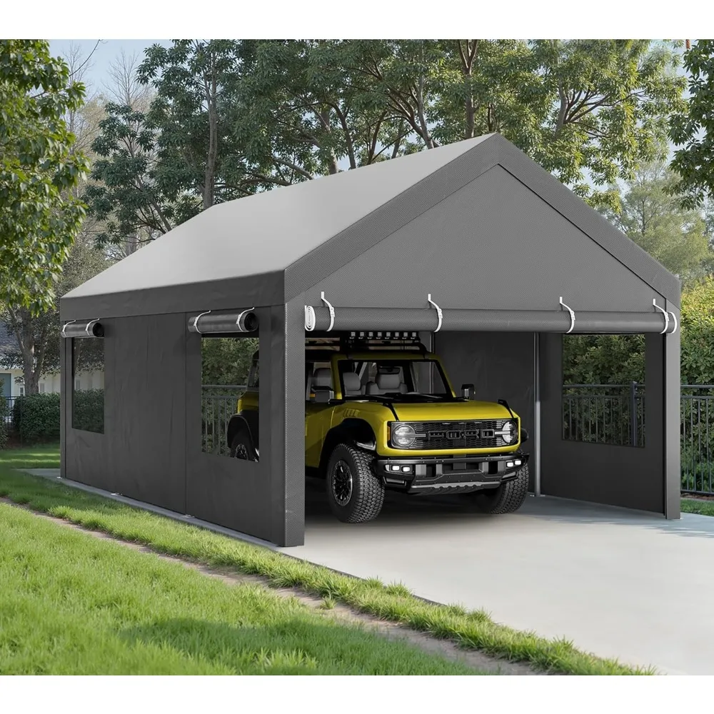 

Carport, сверхмощный навес Carport 12x20 футов с закатанными окнами, портативный гараж со съемными боковыми стенками и дверями, автомобиль