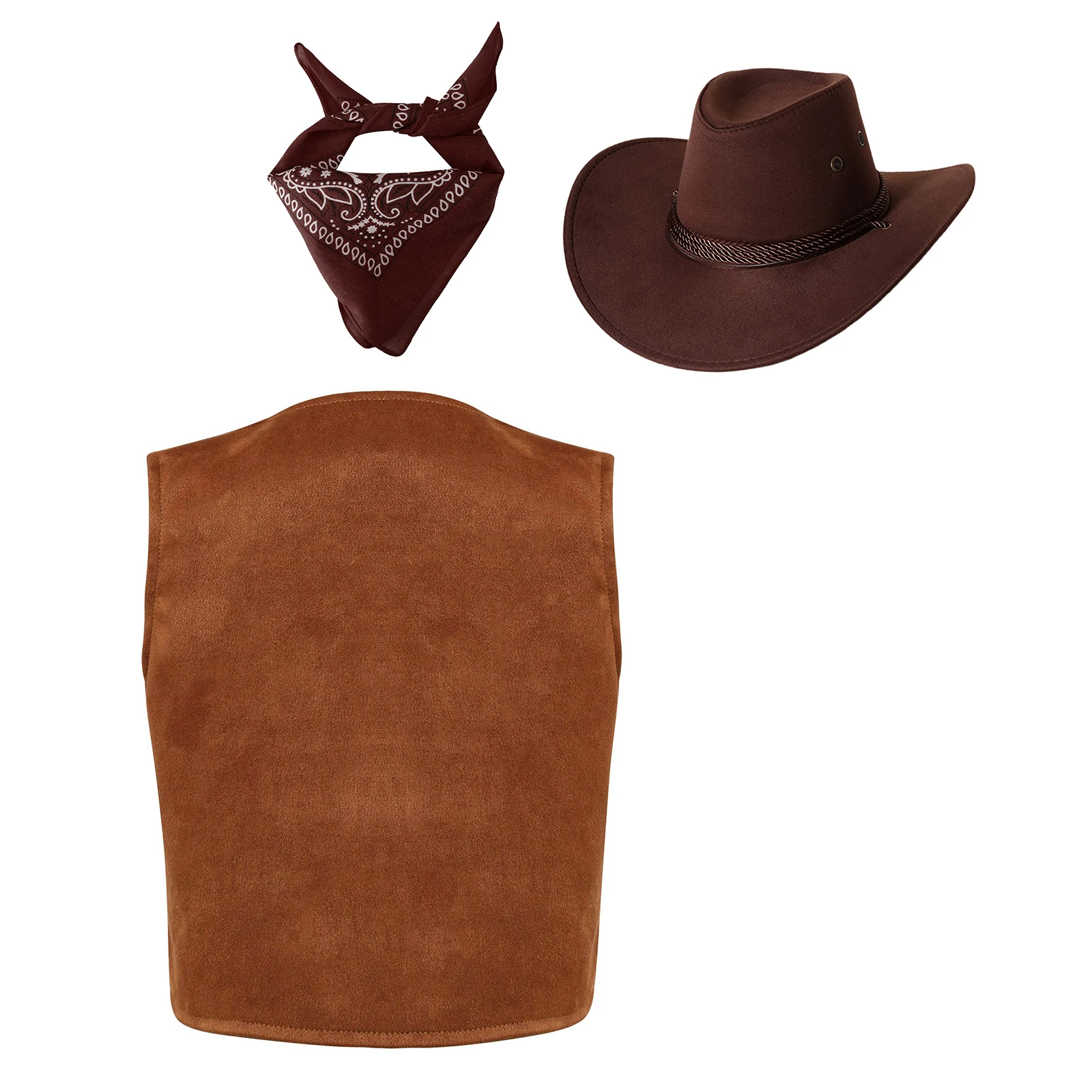 Kids Cowboy Cowgirl Costumes Cowboy Set Brown Fringe Waistcoat Bandanna and Hat Set for Halloween Carnival Dress Up Performance