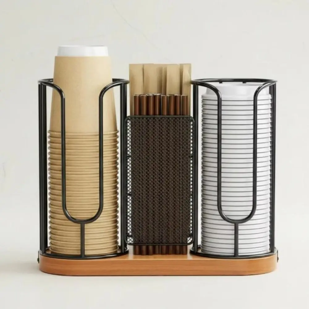 3-in-1 Paper Cup Dispenser Wooden Base Space Saving Coffee Cup Lid Holder 3 Compartment Cup Dispenser Rack Office Kitchen Use