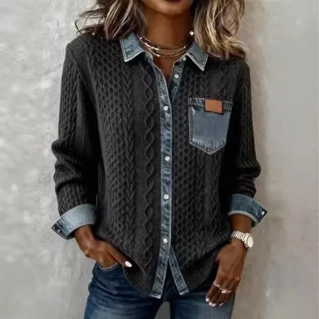 

2026 New European American Style Knitted Patchwork Denim Shirt For Women, Autumn And Winter Fashion Versatile Long Sleeve