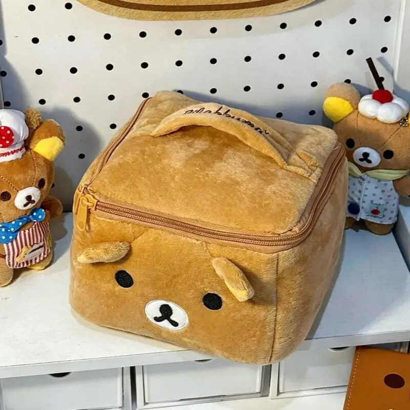 17Cm Rilakkuma Plush Embroidery Handheld Makeup Bag Smooth Zipper Stratification Multi-Pocket Skincare Product Storage Girl Gift
