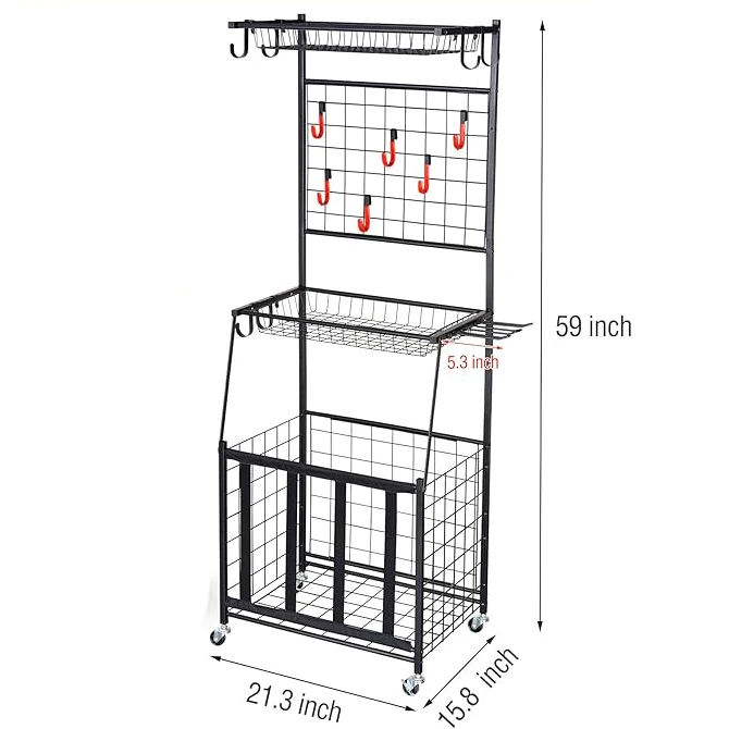 Armazenamento de equipamentos esportivos interno ao ar livre rack de esportes garagem bola armazenamento organizador com cesta e ganchos