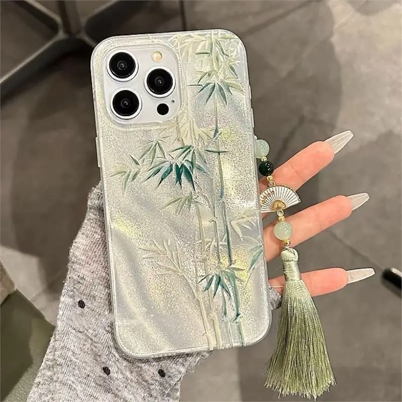 National StyleinsGreen White Bamboo Chain for Apple15/14promaxShelliPhone13New12Female Fashion