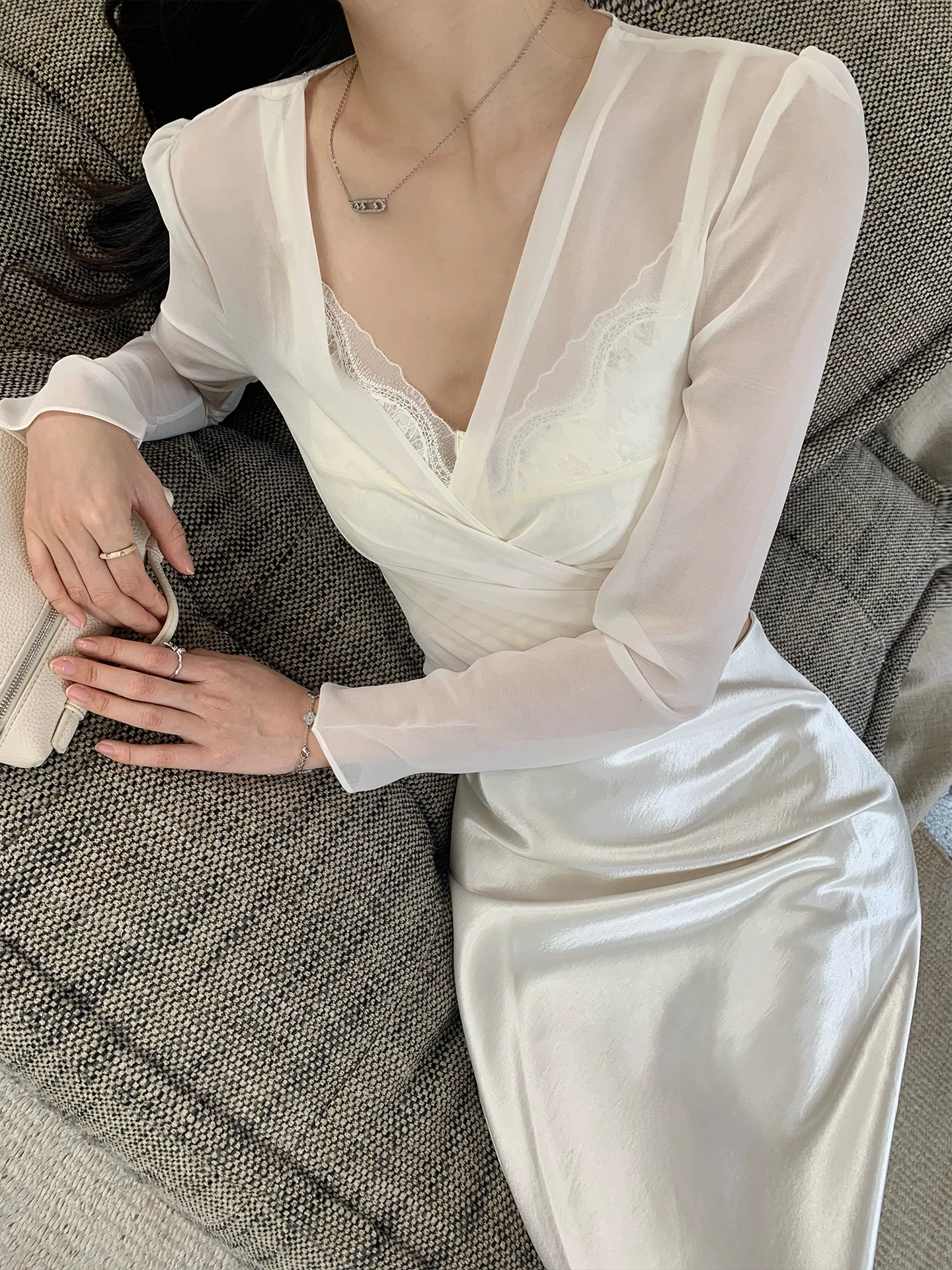 

Новая элегантная шифоновая блузка Norain Spring с длинным рукавом, поясом на талии и кружевным V-образным вырезом для женщин