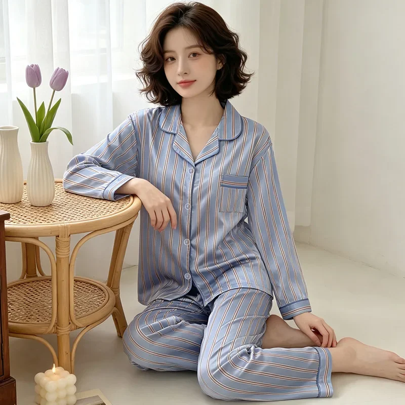 New Ins Color-Block Striped Women's Pajamas, Long Sleeves And Long Pants Set, Ice Silk, High-End Feel, Loose Loungewear