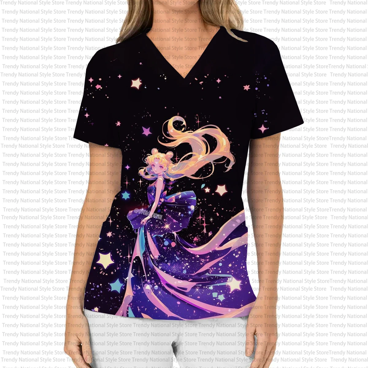 Nuovo abito chirurgico medico da donna, stampa di cartoni animati casual ed elegante, top smerigliato con tasca con scollo a V stile dentista, regalo di Natale