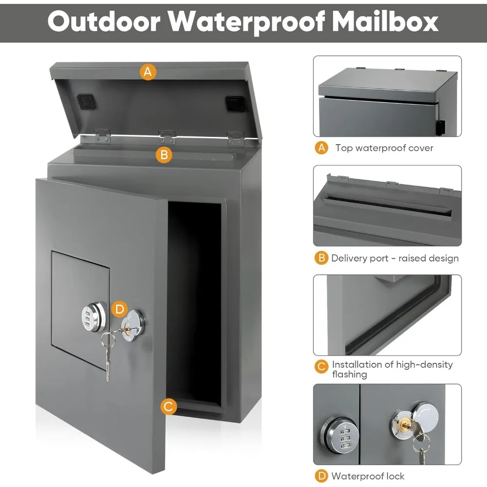 Mailbox with Combination Key Box, Wall Mounted Metal Mailbox, Outdoor Security Locking Suggestion Box, Fundraising Box