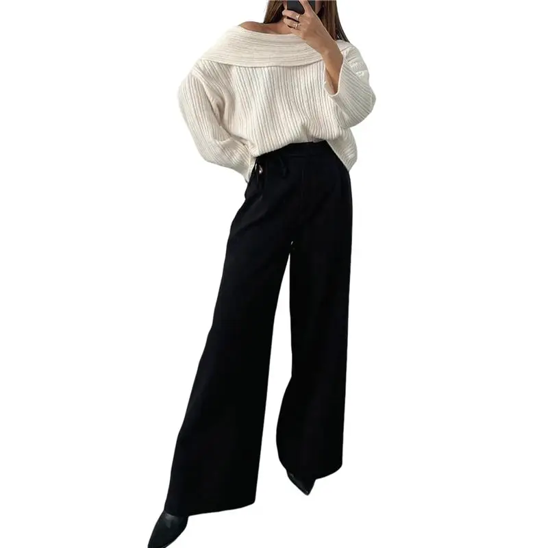 

CYL-Women Off Shoulder Sweater Top Long Sleeve Knitted Pullover Casual Loose Oversized Trendy Vintage Knitwear Tops