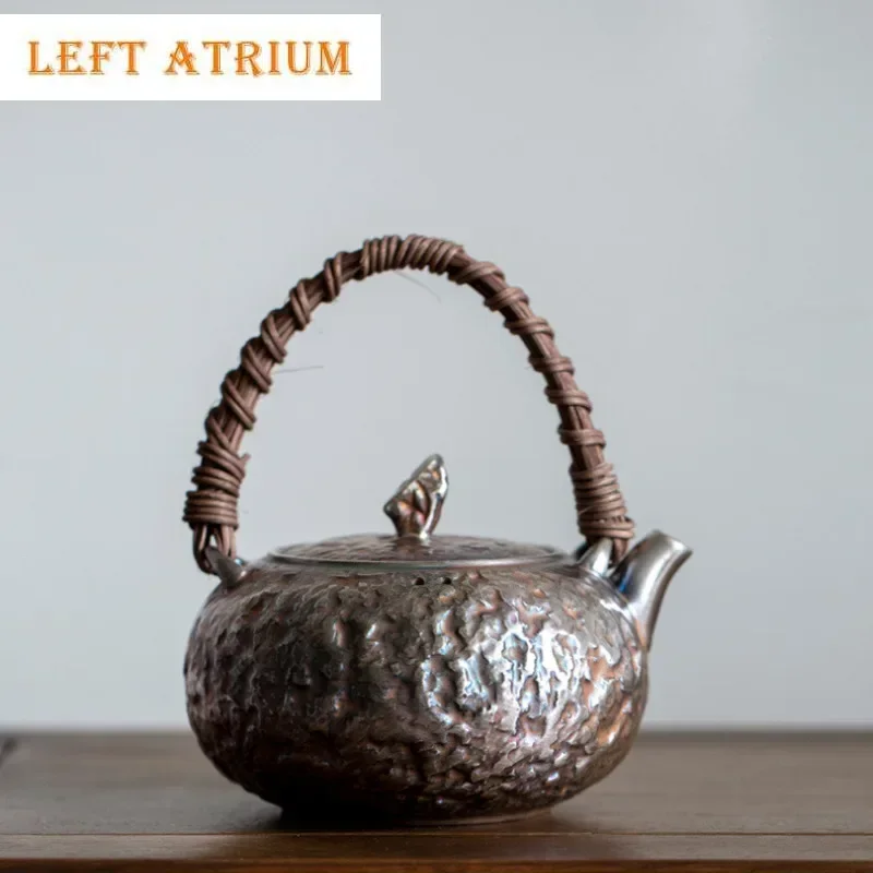 

350ml Coarse Pottery Gilded Silver Rattan Woven Beam Teapot Aesthetic Tea Infuser Pot Tea Brewing Kettle With Ball Hole Ornament