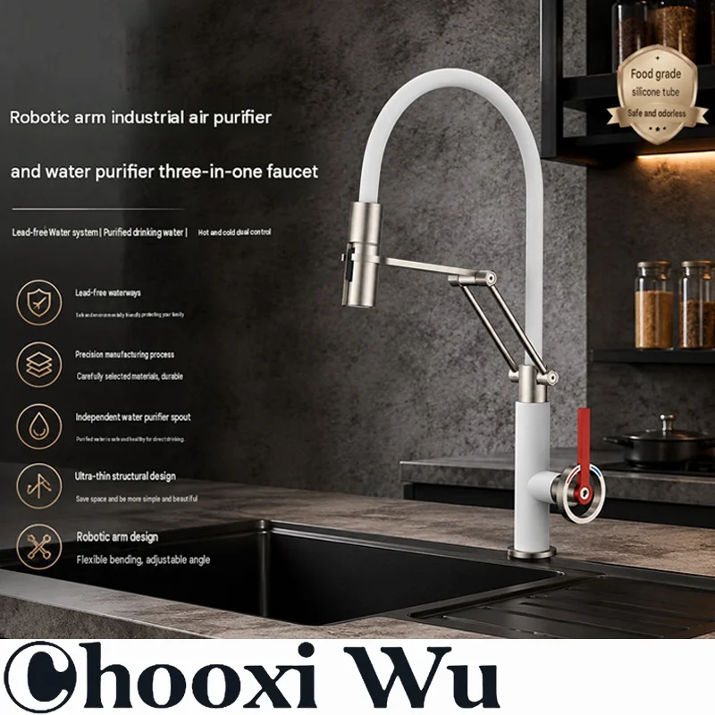 304 Stainless Steel Robotic Arm Kitchen Faucet with 3-in-1 Water Filtration and Dual Hot/Cold Water Outlets for Vegetable-Washin