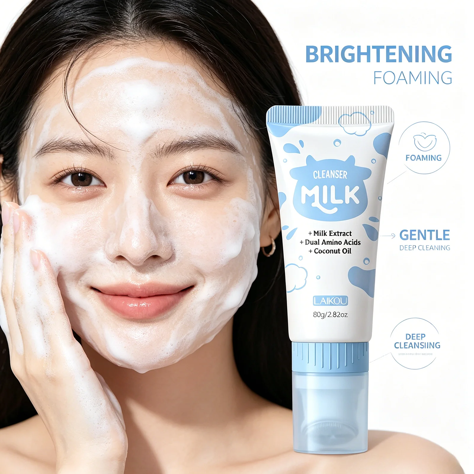 LAIKOU Milk Foaming Facial Cleanser Gentle Deep Cleansing Brightening Skin Care with Milk Extract & Amino Acids 80g