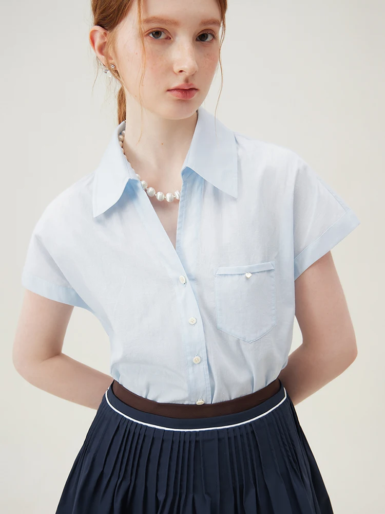 FSLE 【3 Colors】Women Short Raglan Sleeve Summer Thin Blue White Stripe Blouse Polo Neck Single Breasted Shirt Pink Top 24FS18026