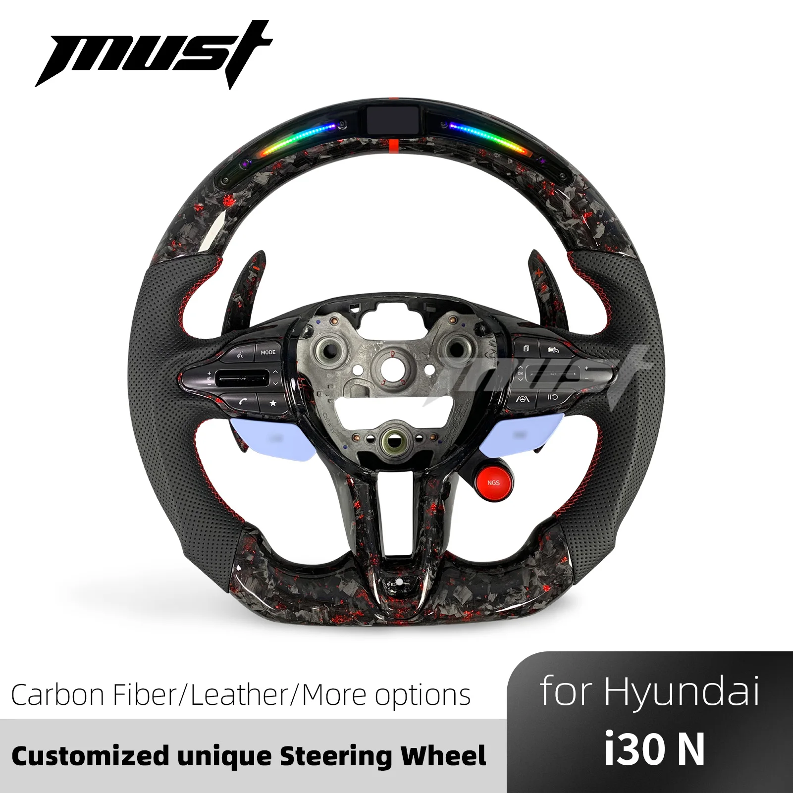 Customized Red Flake Forged Carbon Fiber Steering Wheel Gearshift Lever Paddle Shifters For Hyundai I30N I20N ElantraN N-line
